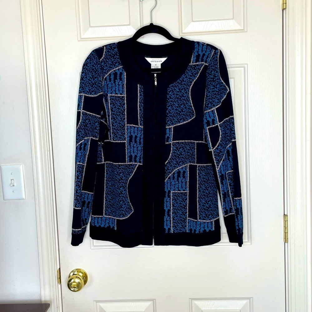 Misook Black Blue Abstract floral Knit Zip Front Cardigan Jacket | M